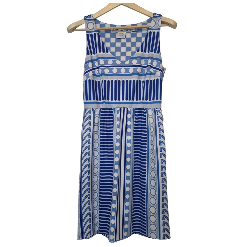 Gretchen Scott Geometric Print Sleeveless V-Neck Blue White Dress Size Small
